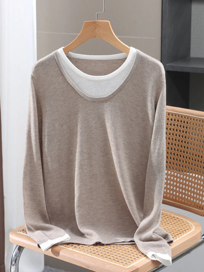 Casual Spring Autumn Women T-Shirts Merino Worsted Wool Female Knitted Pullover Long Sleeve Soft Clothing Tops Thin Outerwears