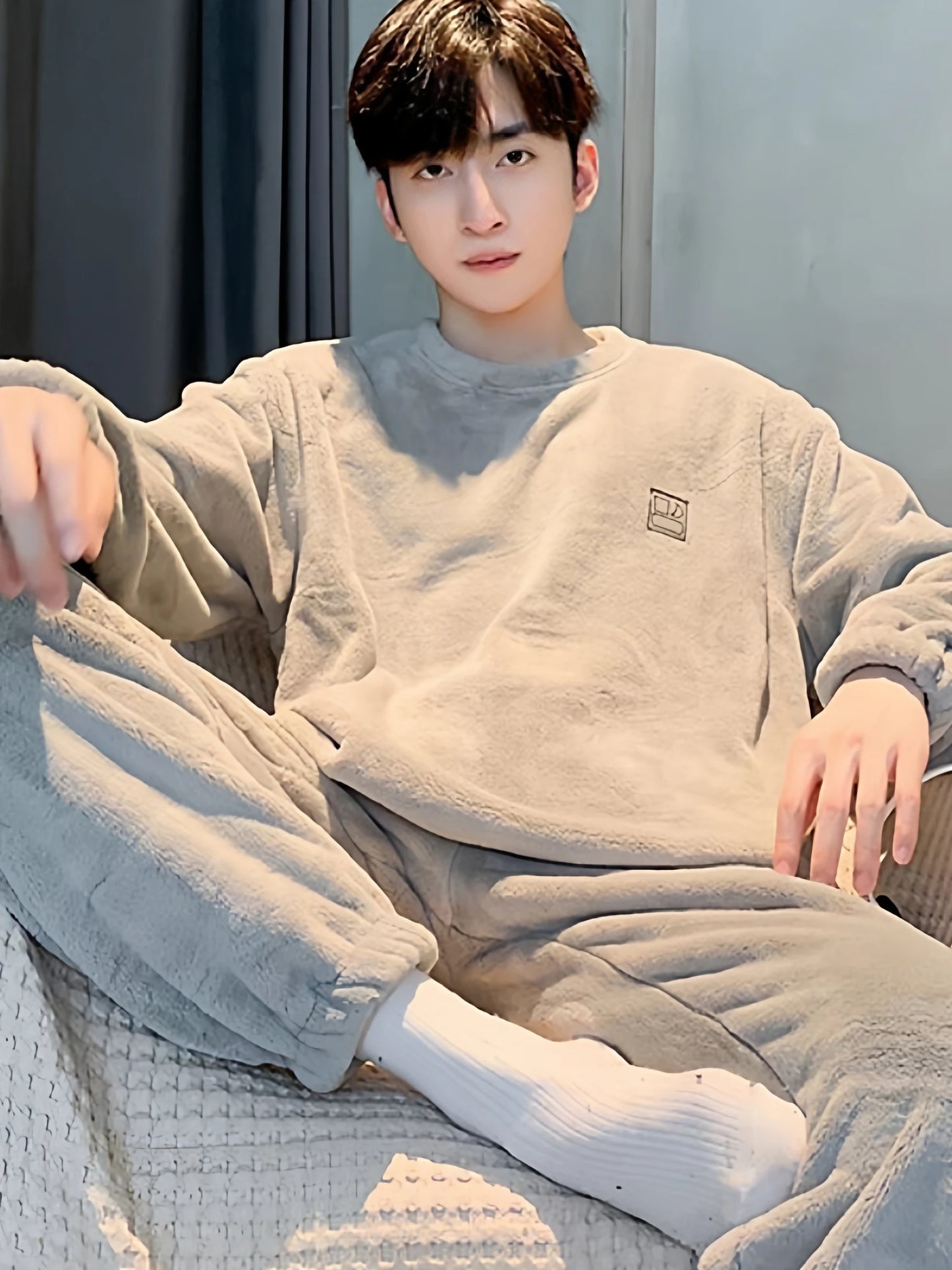 Men's Warm Coral Fleece Pajamas Winter Set Spring Autumn Winter Style Oversize Loose Fit Home Clothes Teenager Comfortable Sl...