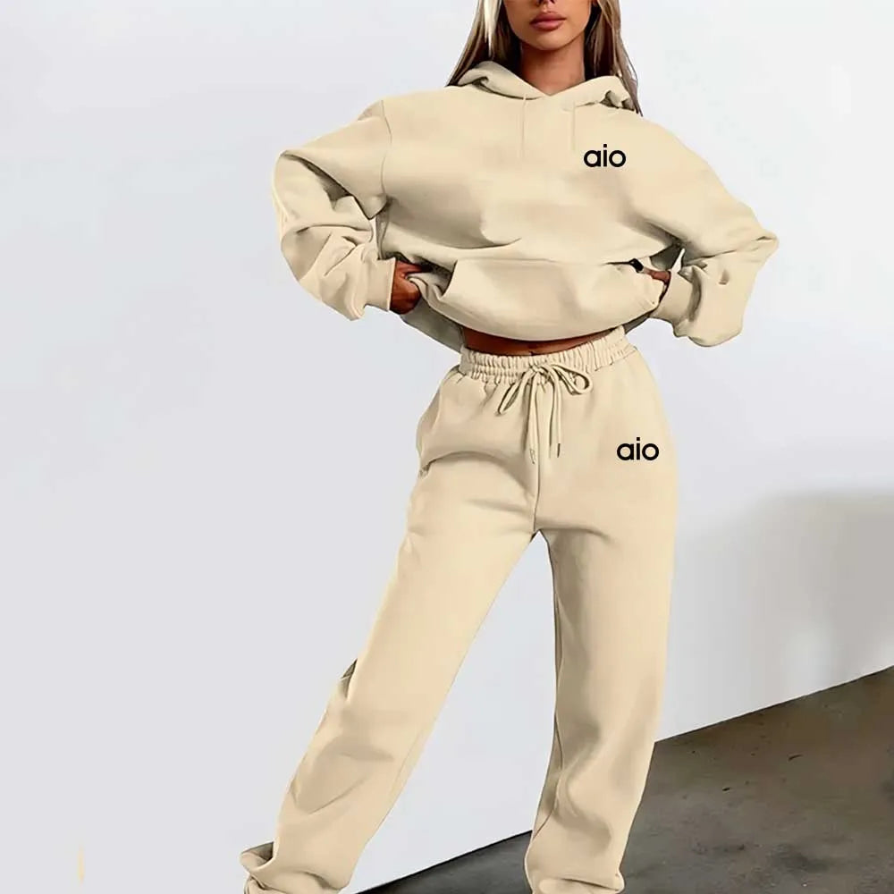 Autumn and Winter Fashion Print Two-Piece Set: Elegant Lounge Sweater with Long Sleeves and Fleece Lining, Plus Drawstring Joggi