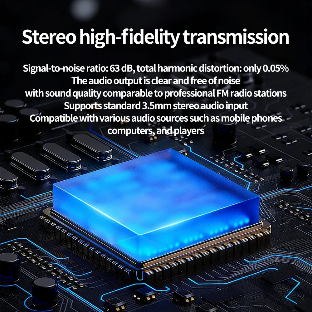 0.5W FM Transmitter 76-108MHz 2KM Range LCD Stereo, 3.5mm AUX USB-C Wireless Audio Broadcast For Car & Church
