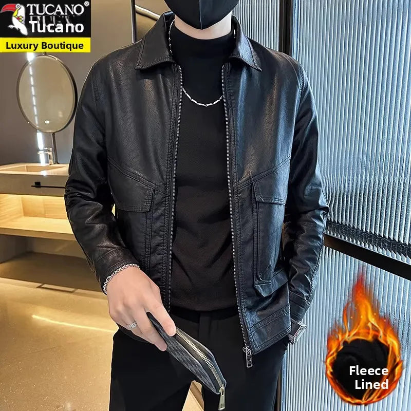 TUCANO Men's Genuine Leather Jacket 2026 Autumn Winter Warm Sheepskin Slim Fit Biker Style Stand Collar Coat Outerwear