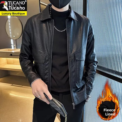 TUCANO Men's Genuine Leather Jacket 2026 Autumn Winter Warm Sheepskin Slim Fit Biker Style Stand Collar Coat Outerwear