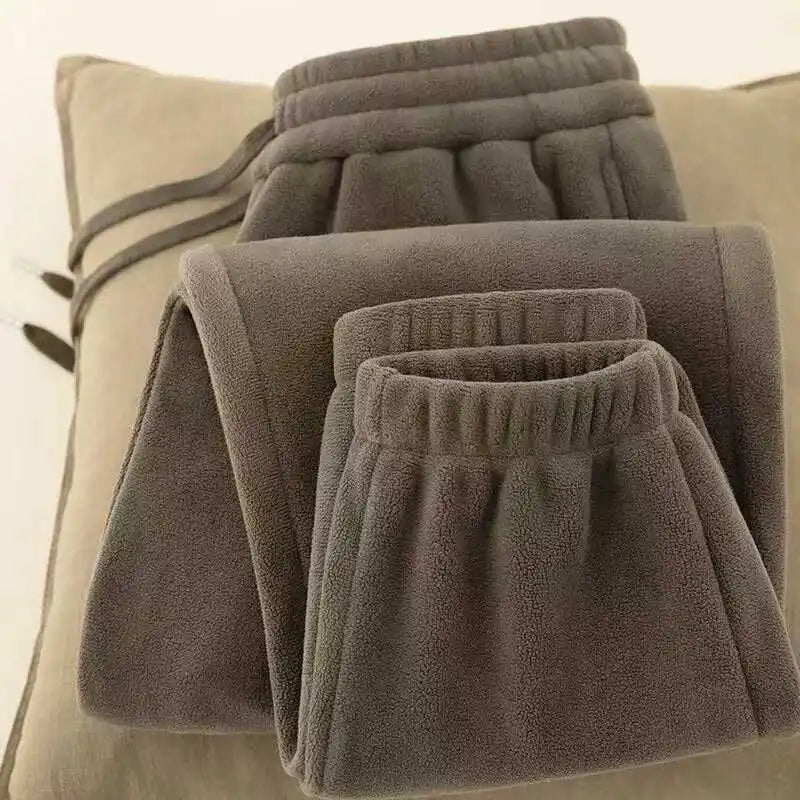 Double-Sided Fleece Thickened Men's Long Pants Autumn Winter Warm Pure Color Casual Trousers with Pocket Loose Fit Youth Style