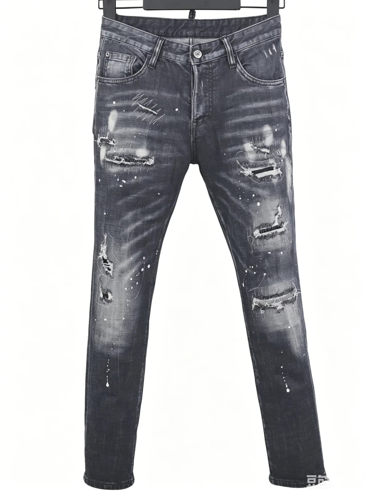 6058 Four Seasons New Men's Wash Grinding Hole Patch Paint Splash Ink Micro-bullet Leg Grey Jeans for Men