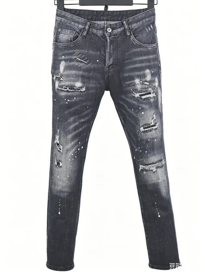 6058 Four Seasons New Men's Wash Grinding Hole Patch Paint Splash Ink Micro-bullet Leg Grey Jeans for Men