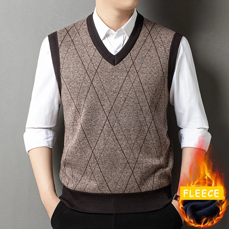 2026 New Men's Fleece Knitted Pullover Vest Spring Autumn Sleeveless V Neck Sweater Vest Button Front Knit Cardigan Vests Men