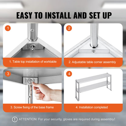 SucceBuy Stainless Steel kitchen worktable Overshelf with Height Adjustable Overshelf Prep Work Table for Kitchen Restaurant