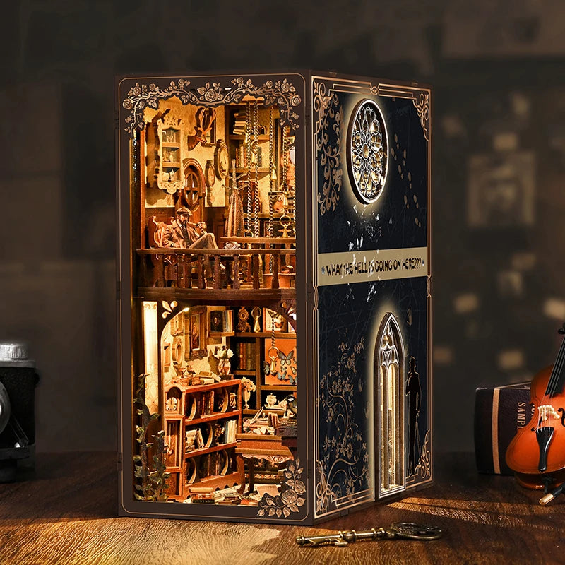 DIY Detective Mystery Book Nook Kit with LED Lights Wooden Bookend Bookshelf Insert Handmade Craft Gift for Book Lovers Adults