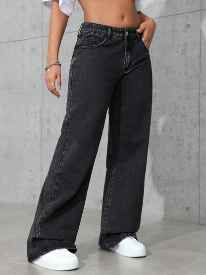 plus Size Women's Wide Leg Jeans Washed Elastic Casual Loose Fit Ladies Denim Pants Comfortable Stretchy Trousers