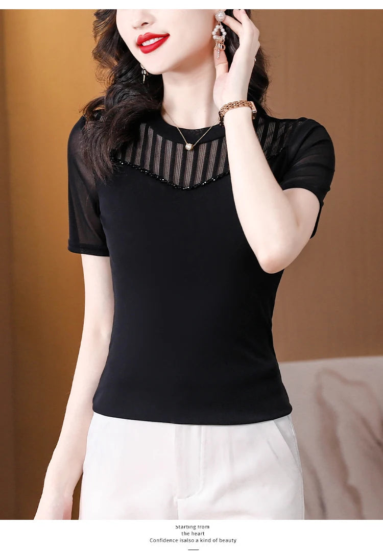 Lace Short Sleeve Slim Fit T-Shirt Women's Summer New Netting Thin Style round Neck Regular Length Pure Color Commute Style