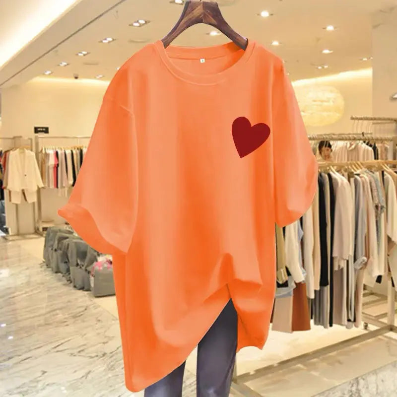 Women Fashion Pure Cotton Love Printing T-shirts Summer Casual Versatile O-neck Short Sleeve Top Tee Office Lady Basic Pullovers