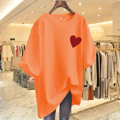 Women Fashion Pure Cotton Love Printing T-shirts Summer Casual Versatile O-neck Short Sleeve Top Tee Office Lady Basic Pullovers