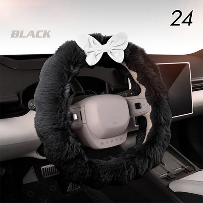 Winter Plush Car Seat Cover Bowknot Fashion Cute Women's Automotive Interior Protector Steering Wheel Warm Cushion Car Pillow
