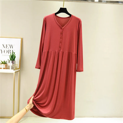 Early Autumn 2024 Women's V-Neck Long Sleeve Dress Loose Button-Up Modal Dress for Home Wear Midi Skirt A-Line Silhouette