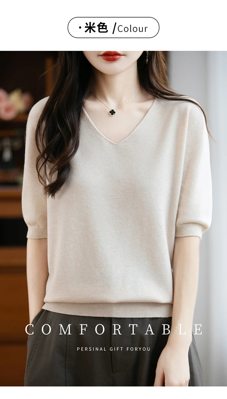 Thin Worsted Wool Short-Sleeved Women's Loose Round Neck T-shirt Printed Summer Fashion Knitted Bottoming Shirt Half-Sleeved
