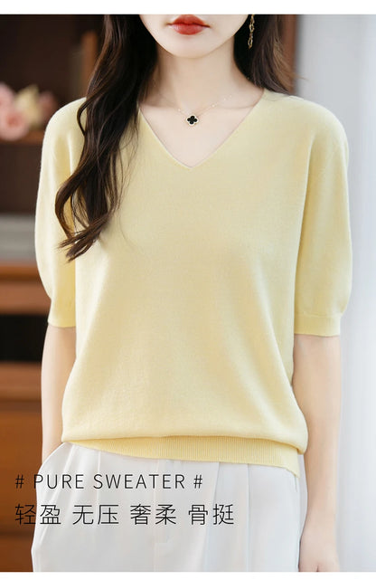 Thin Worsted Wool Short-Sleeved Women's Loose Round Neck T-shirt Printed Summer Fashion Knitted Bottoming Shirt Half-Sleeved