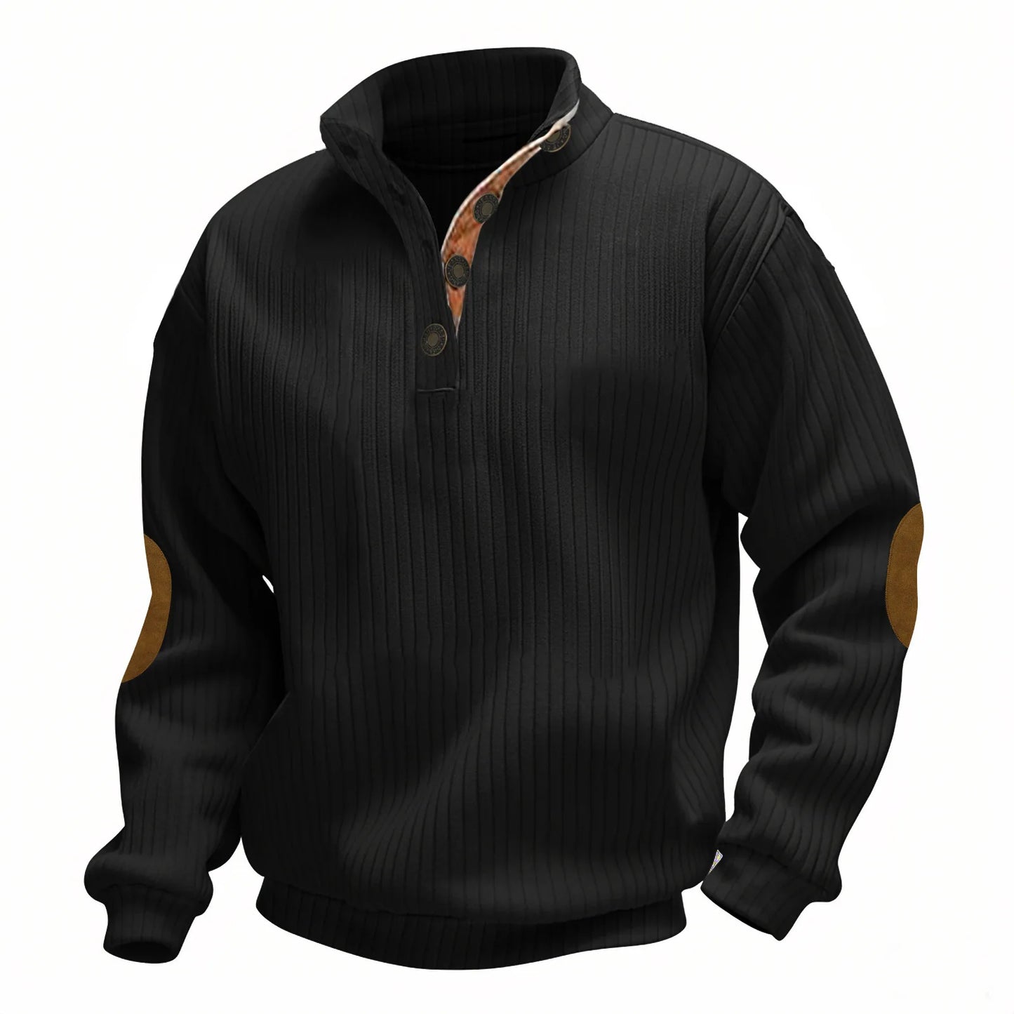 Men's Ribbed Henley Sweater Half Zip Pullover with Elbow Patches Stand Collar Long Sleeve Casual Retro Autumn Top