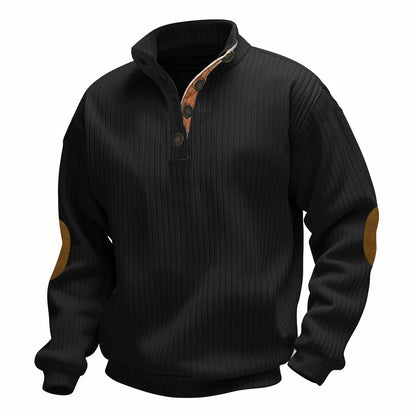 Men's Ribbed Henley Sweater Half Zip Pullover with Elbow Patches Stand Collar Long Sleeve Casual Retro Autumn Top