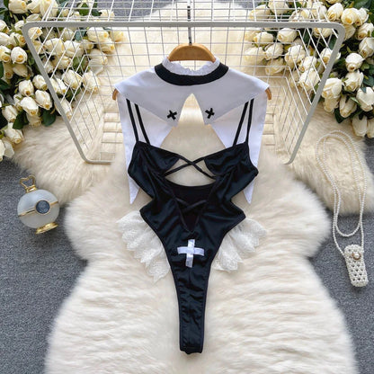 Sexy Lace Strap Jumpsuit Slim Fit Transparent Women's Pajamas Halter Playsuit Erotic Lingerie Catsuit Backless Hollowed Bodysuit