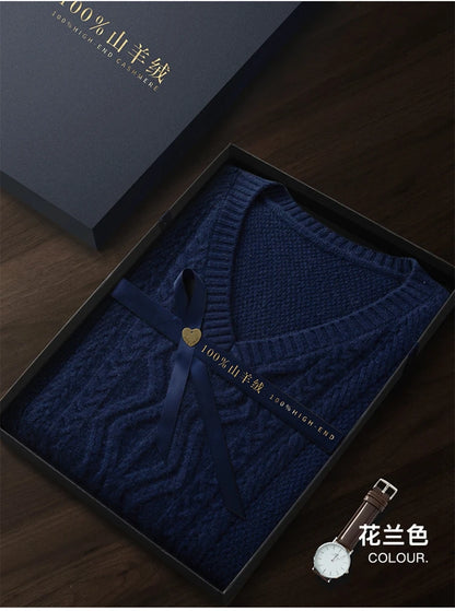 Men's 100% pure cashmere vest for men's autumn and winter wool sweater V-neck pullover sweater thickened warm wool vest
