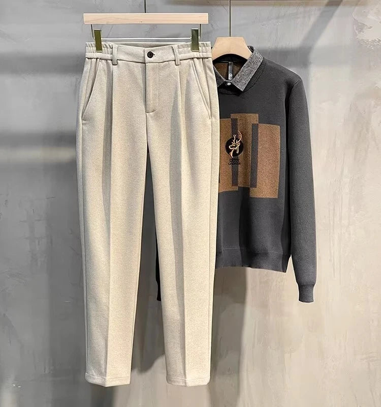 Men's Woolen Straight Leg Thickened Casual Trousers Fashionable Autumn Winter Style mid Waist Pure Color Anti-Wrinkle