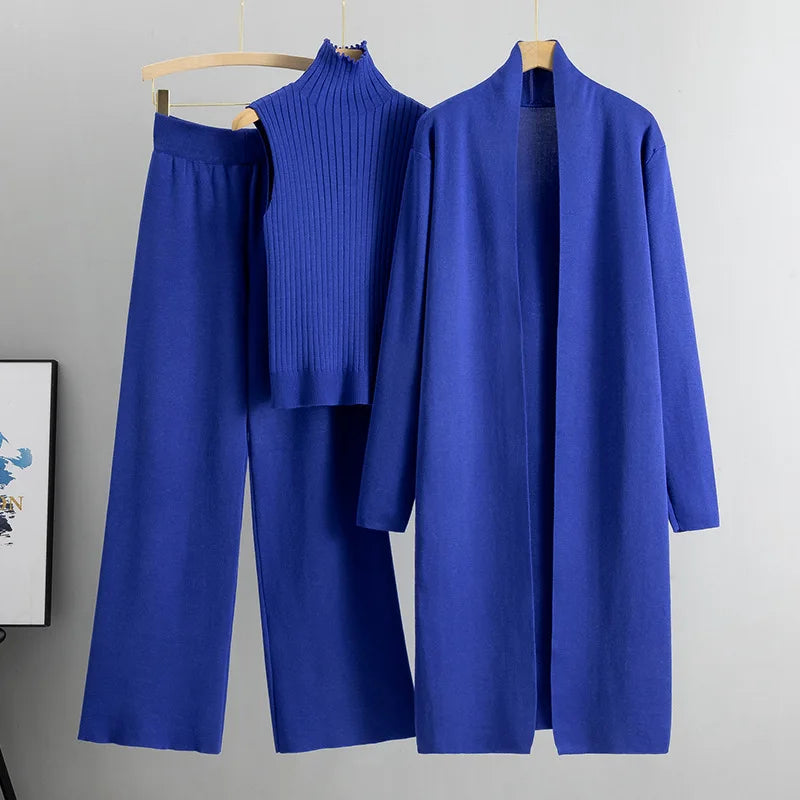 2025 Autumn Winter Women Long Cardigan 3 Piece Set Knit Pants High Neck Vest Wide Leg Trousers Outfit