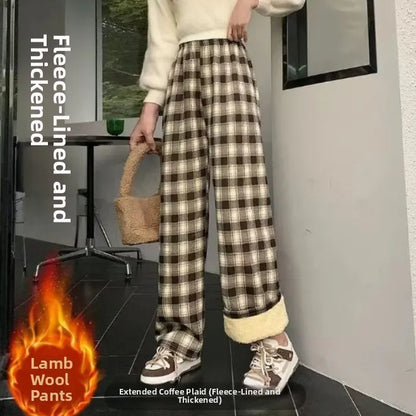 Thickened Fleece Straight Leg Pants Winter New Style Lamb Velvet Plaid Women's High Waist Warm Casual Wide Leg Pants