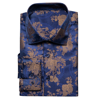 Hi-Tie Mens Shirts Jacquard Paisley Floral Long Sleeve Lapel Shirt Blouse Outerwear Wedding Office Breathable High Quality