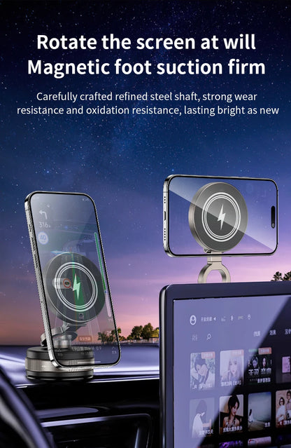 Folding 15W wireless charging car phone holder vacuum suction 360 ° rotating magnetic support bracket