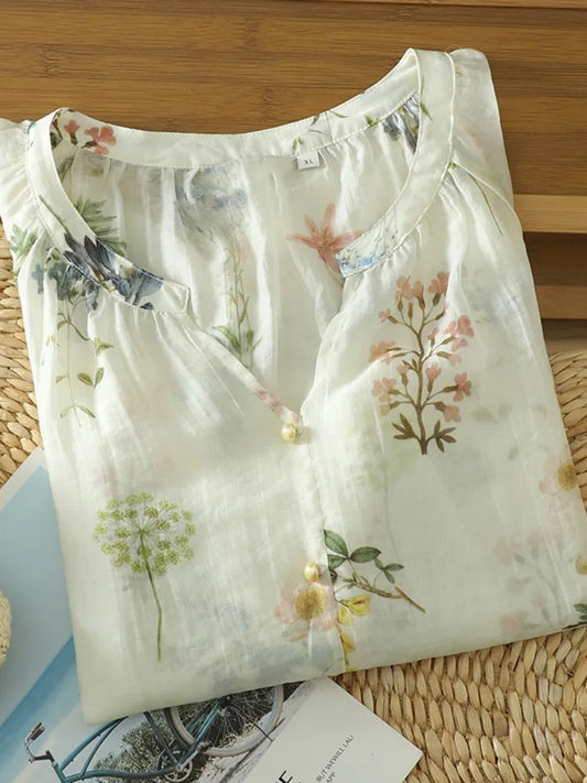 Lightweight Summer Floral Cotton Linen Shirt Loose Lantern Sleeve Women's Top plus Size V-Neck Short Sleeve Printed Blouse