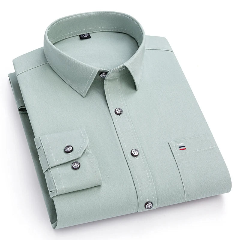 New 100%Pure Cotton Men's Shirts Long Sleeves Solid Color Soft Regular Fit Casual Shirt Pocket Social Blouse Male Clothes S-7XL