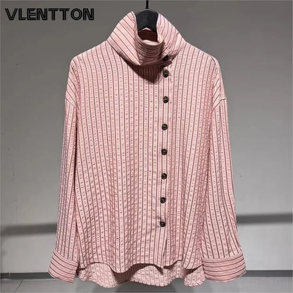 2026 Spring New Women Fashion High-Neck Pink Striped Shirt Casual Button Long Sleeves Loose Versatile Blouse Tops Female