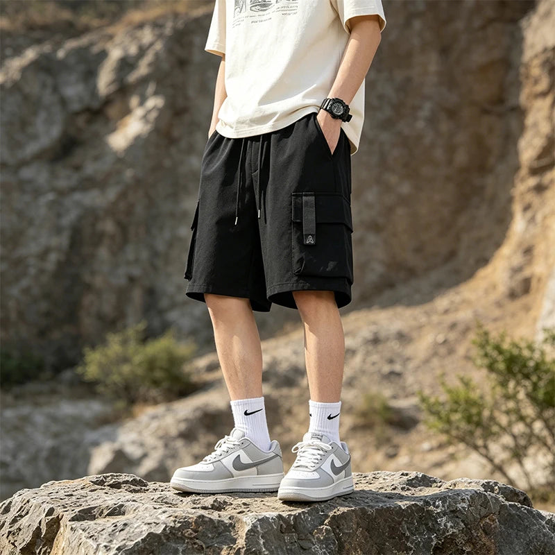 Loose Workwear Cargo Shorts Men's Five-Pocket Casual Straight Leg Work Pants Summer Thin Fabric Teen Boys Fashion Retro Bottoms