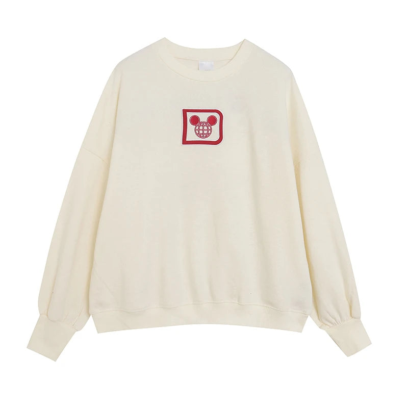 Loose Fit Fleece Lined Hoodie Women's Spring Autumn Youthful Embroidered round Neck Sweatshirt Large Size Letter Stitching Top