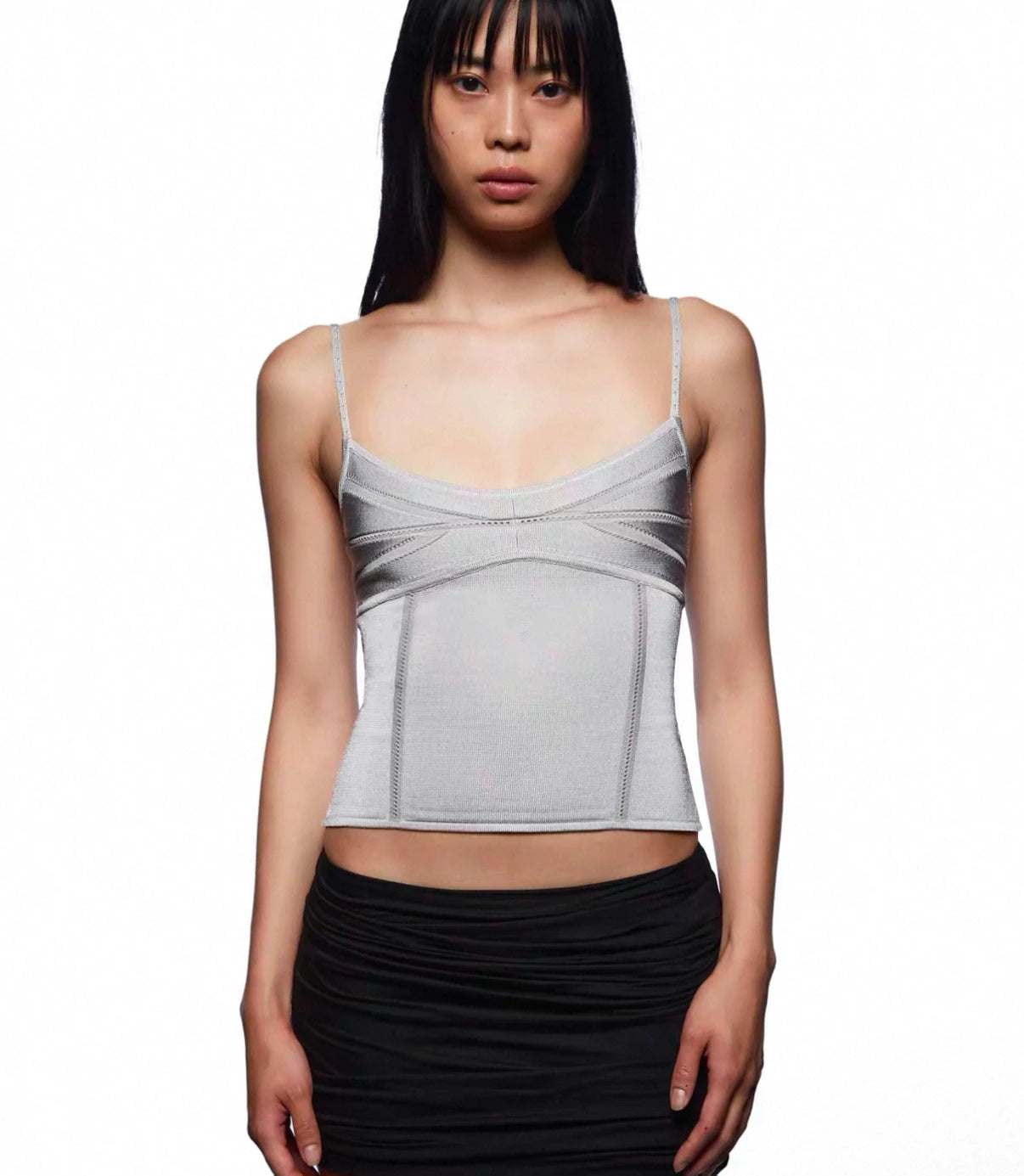 Tankair Basic Silver Grey Green Shiny Knitted Elastic Strap Vest Women's Fashion Summer Short Length  Color Casual Wear