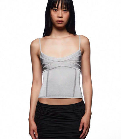 Tankair Basic Silver Grey Green Shiny Knitted Elastic Strap Vest Women's Fashion Summer Short Length  Color Casual Wear