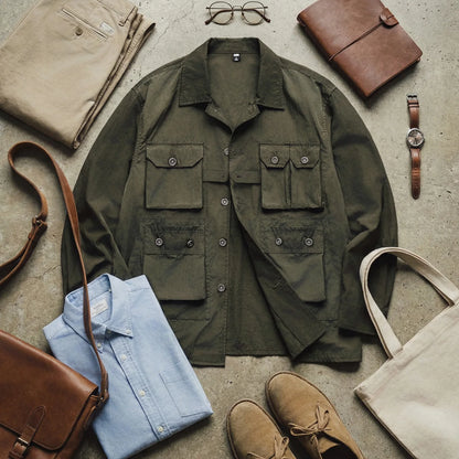 Maden Retro Safari Shirt Lightweight Multi-Pocket Military Green Long Sleeve Single-Breasted Blouse Outdoor Casual Spring Top