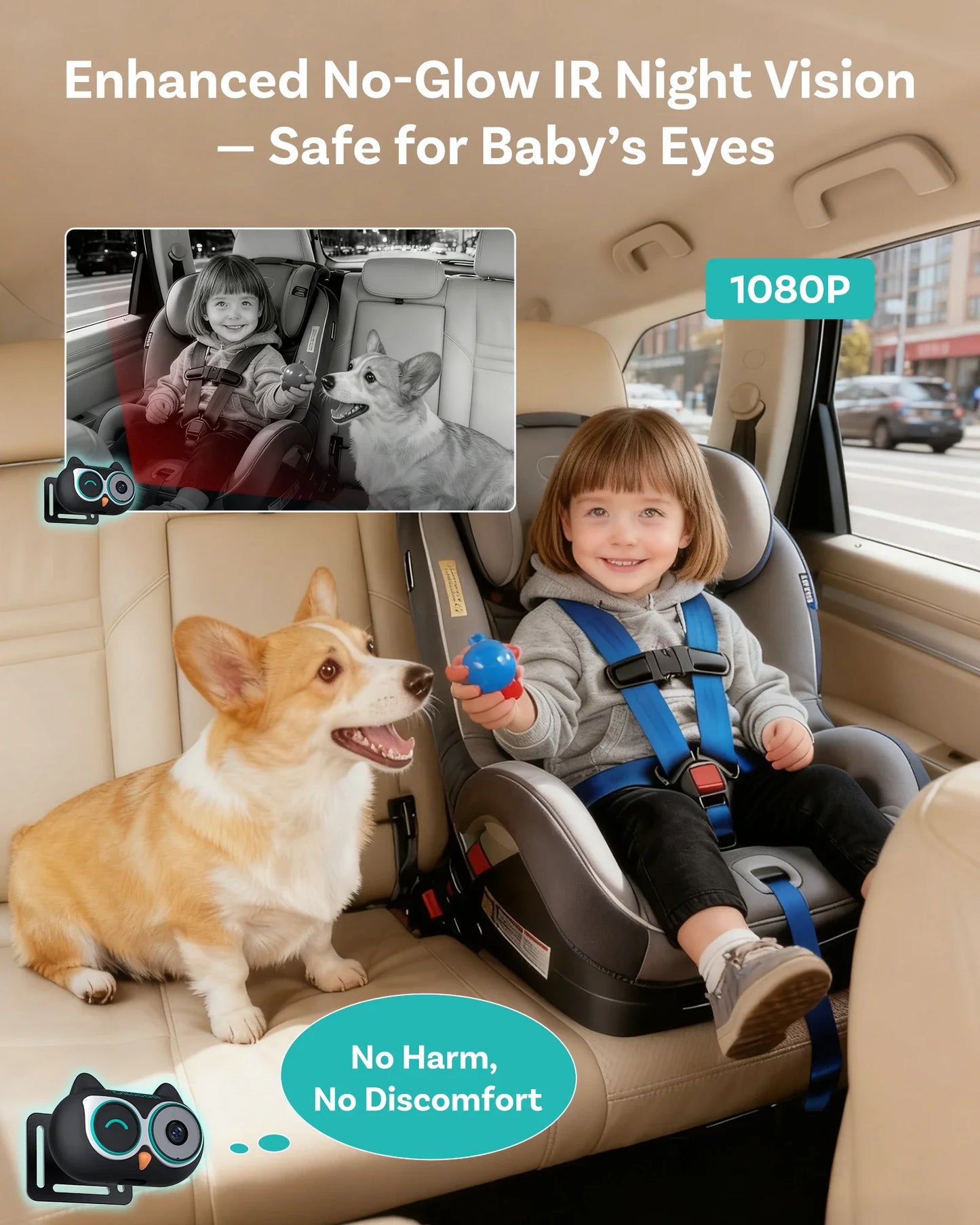 Ottocast Cabin Care Wireless CarPlay Adapter 1080P Car Rear Seat Camera 150° Wide Angle Night For Kids & Pets For Benz Toyota VW