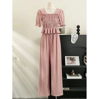 Summer 2025 New Folded Square Collar Bubble Sleeve Shirt High Waist Loose Casual Wide Leg Pants Two Piece Set Women's Fashion