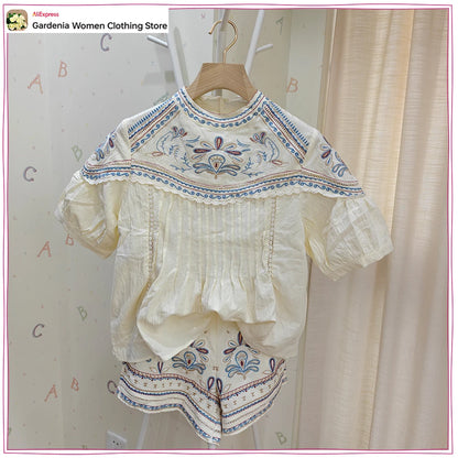 Stylish Embroidered Short Sets for Women Summer Matching Sets Round Neck Embroidered Short Sleeve Blouse and High-waisted Shorts