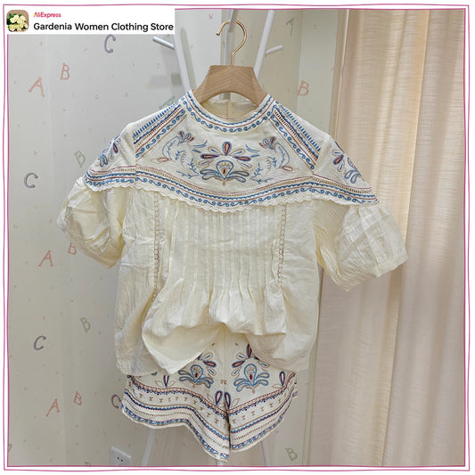Stylish Embroidered Short Sets for Women Summer Matching Sets Round Neck Embroidered Short Sleeve Blouse and High-waisted Shorts