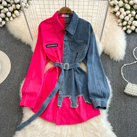 Retro Hong Kong Sle Casual Mid-Length Women's Denim irt with Belt Spring New Faion Chic Loose Fit Pure Color  Collar