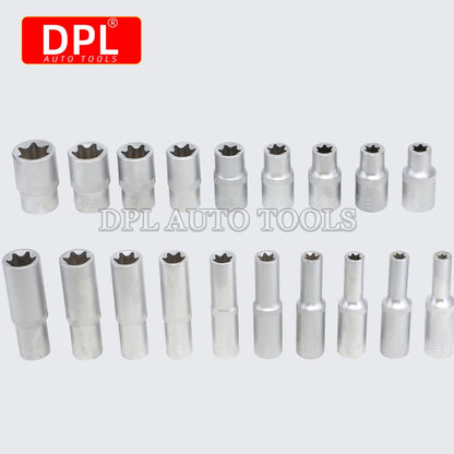 19 Pcs E Torx Star Deep Long Socket Set 1/2in Drive for Car Short and Long Hexagonal Sockets