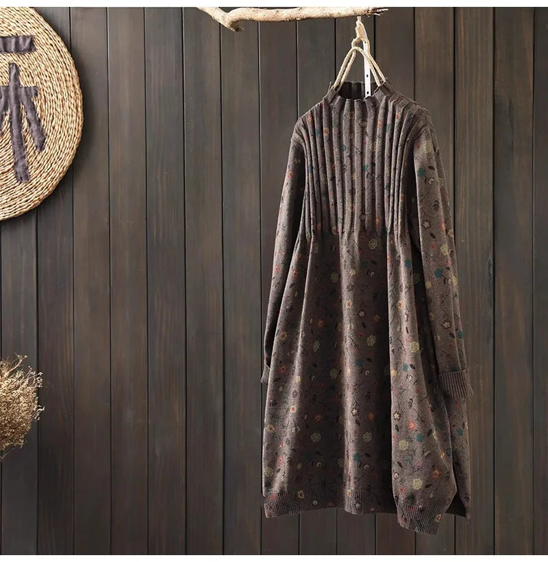 Retro Print Loose Knitted Dress Half High Collar Base Layer Skirt Autumn Winter Long Straight A-Line Dress for Women