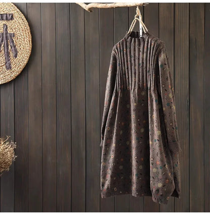 Retro Print Loose Knitted Dress Half High Collar Base Layer Skirt Autumn Winter Long Straight A-Line Dress for Women