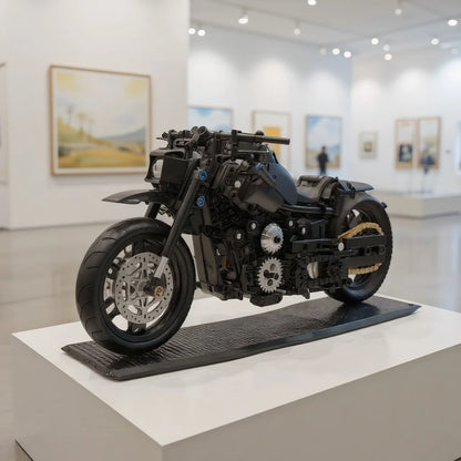 A set of assembled building blocks for a black, retro-style motorcycle toy, perfect for motorcycle enthusiasts as a gift.