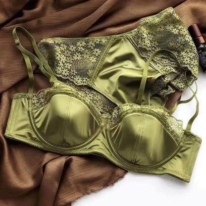 French Half Cup Lace Underwired Bra Set Ladies Thin Push Up Gather Fit No Gap Small Bust Comfortable Sexy Lingerie Two Piece Set