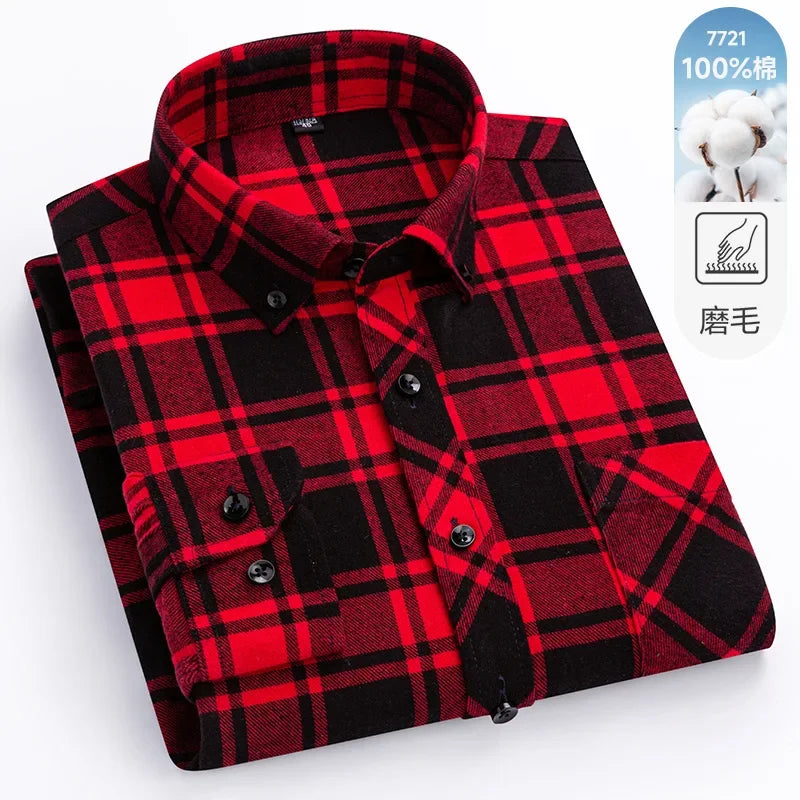 New Flannel Plaid Long Sleeve Men Casual Shirts Autumn Winter Fashion Plus Size Regular Fit Smart Dress Shirts Daily Clothes Top