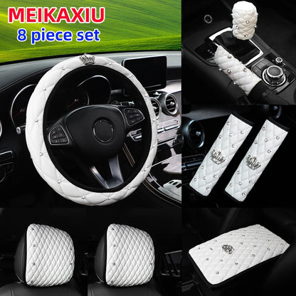 8 artificial skin leather diamond crown steering wheel cover shoulder cover armrest cushion Handbrake cover headrest cushion set