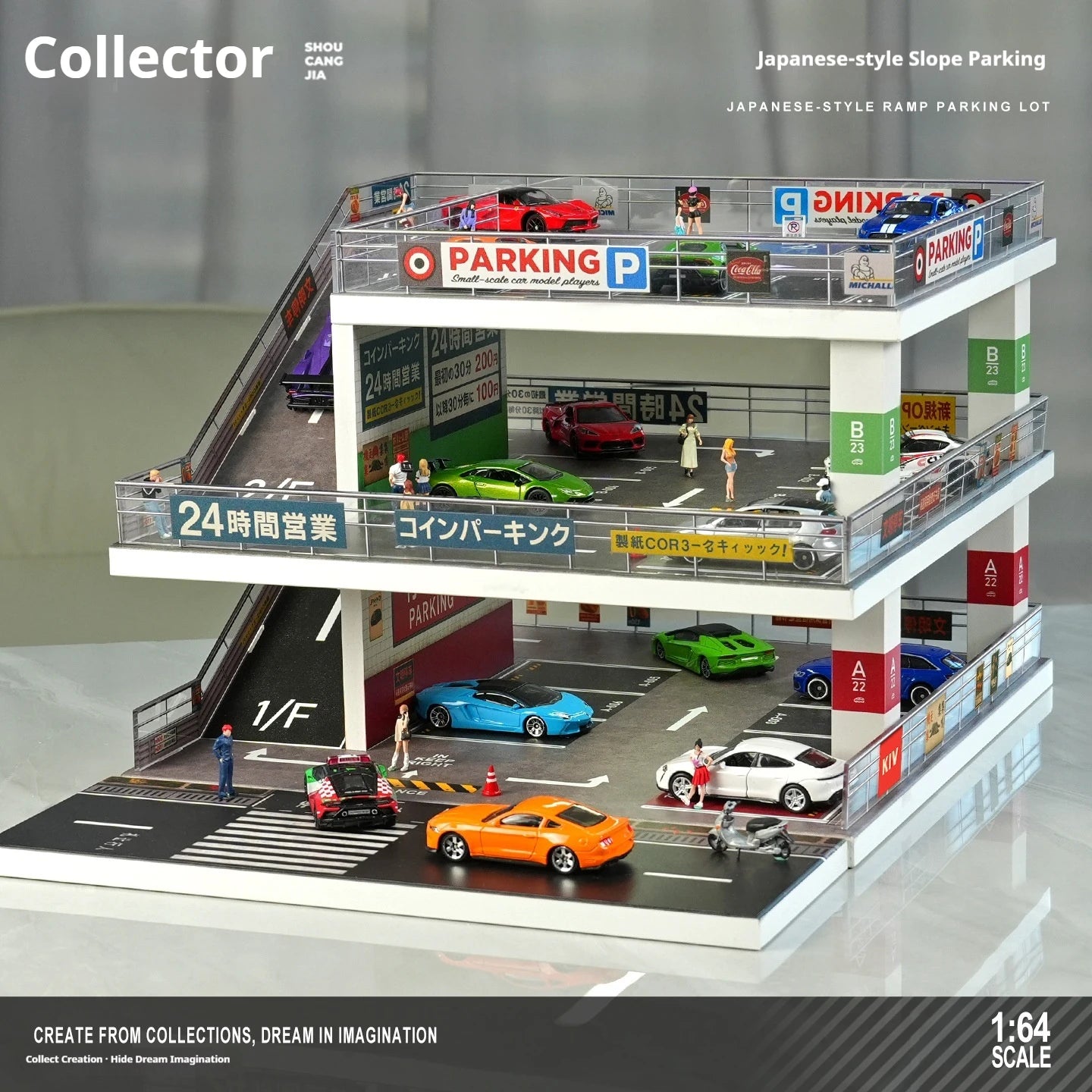 Collector 1:64 Scale LED Multi-Story Parking Garage Diorama, Ramp Model Car Display Case with Light Up for Vehicle Collection